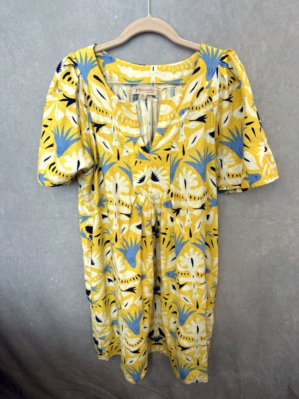 Philosophy Yellow Blue Floral Dress Size L V Neck